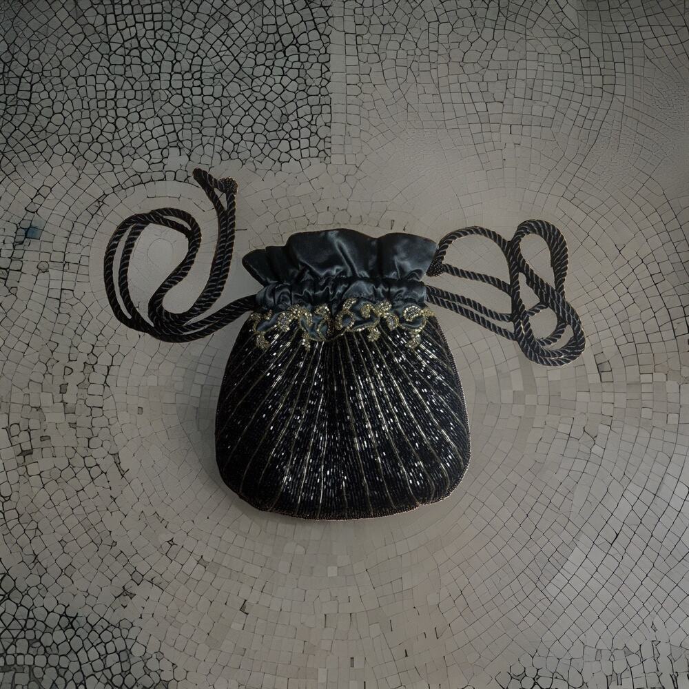 Black/Gold Beaded Sequin Drawstring Bucket Pouch Evening Bag Shoulder Strap